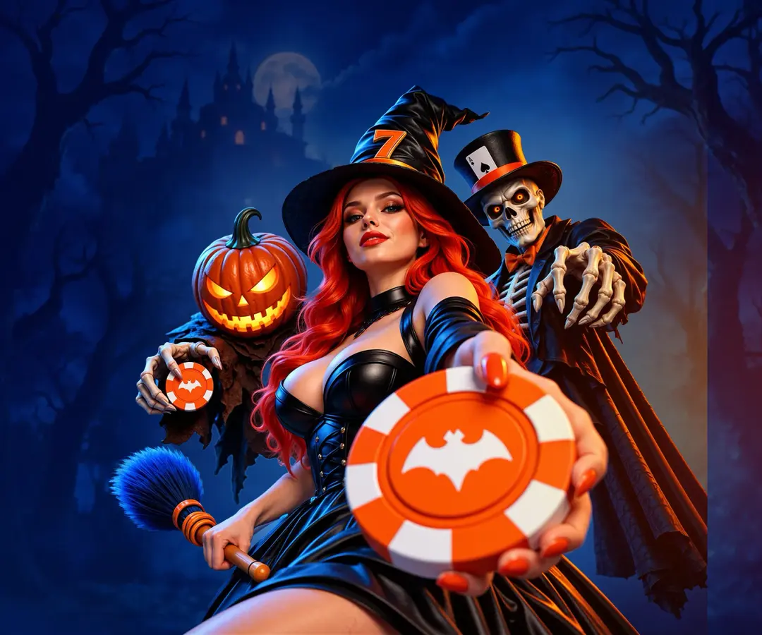 Halloween Monster Party sur Mostbet : sorcière, squelette et jeton orange