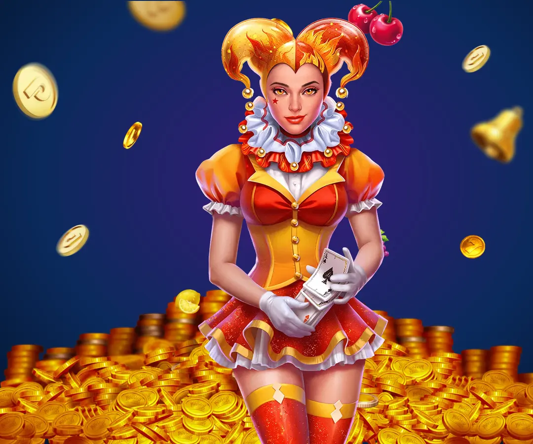 Joker de l’app Mostbet devant une montagne de pièces d’or